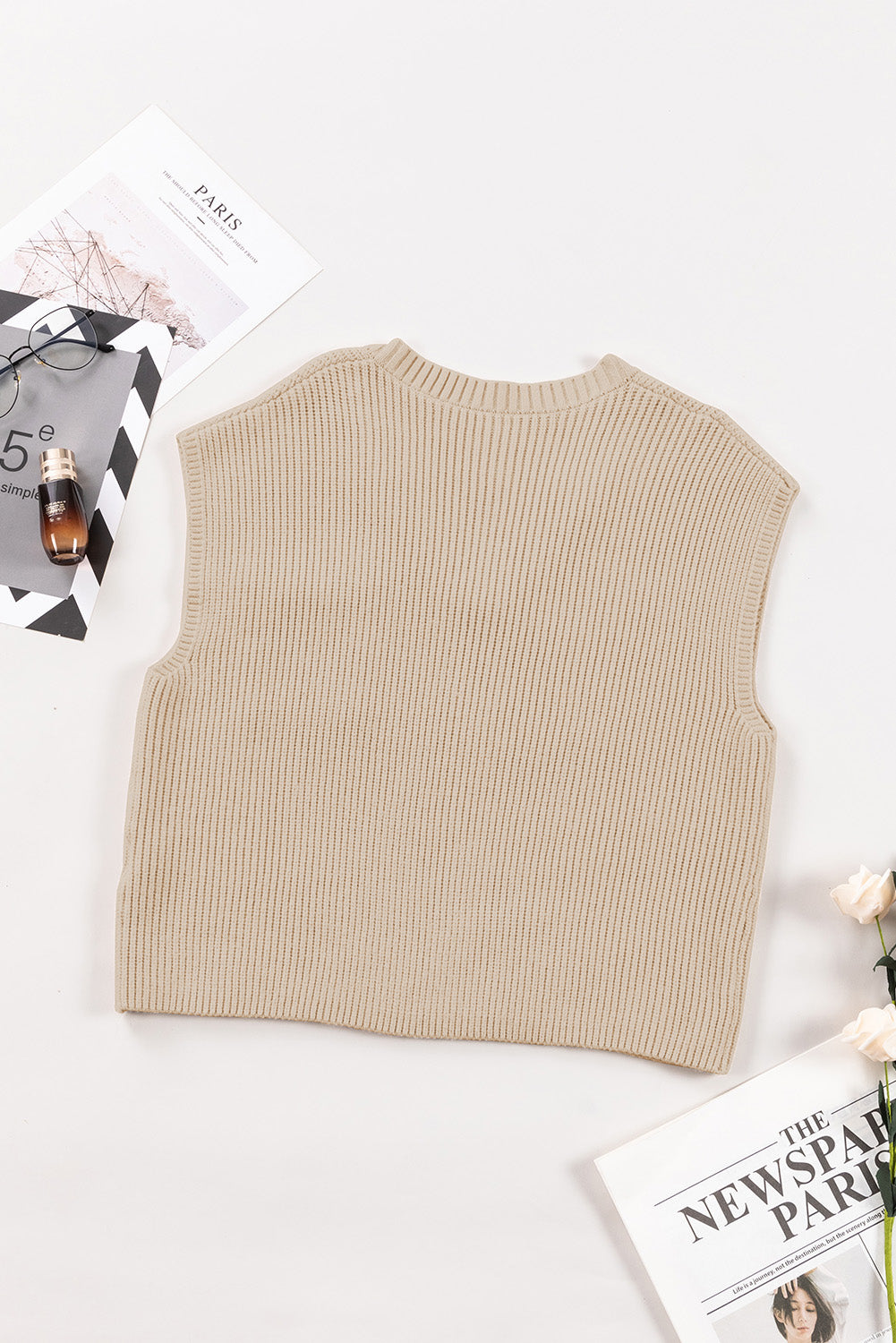 Apricot Chest Pocket V Neck Ribbed Cap Sleeve Sweater