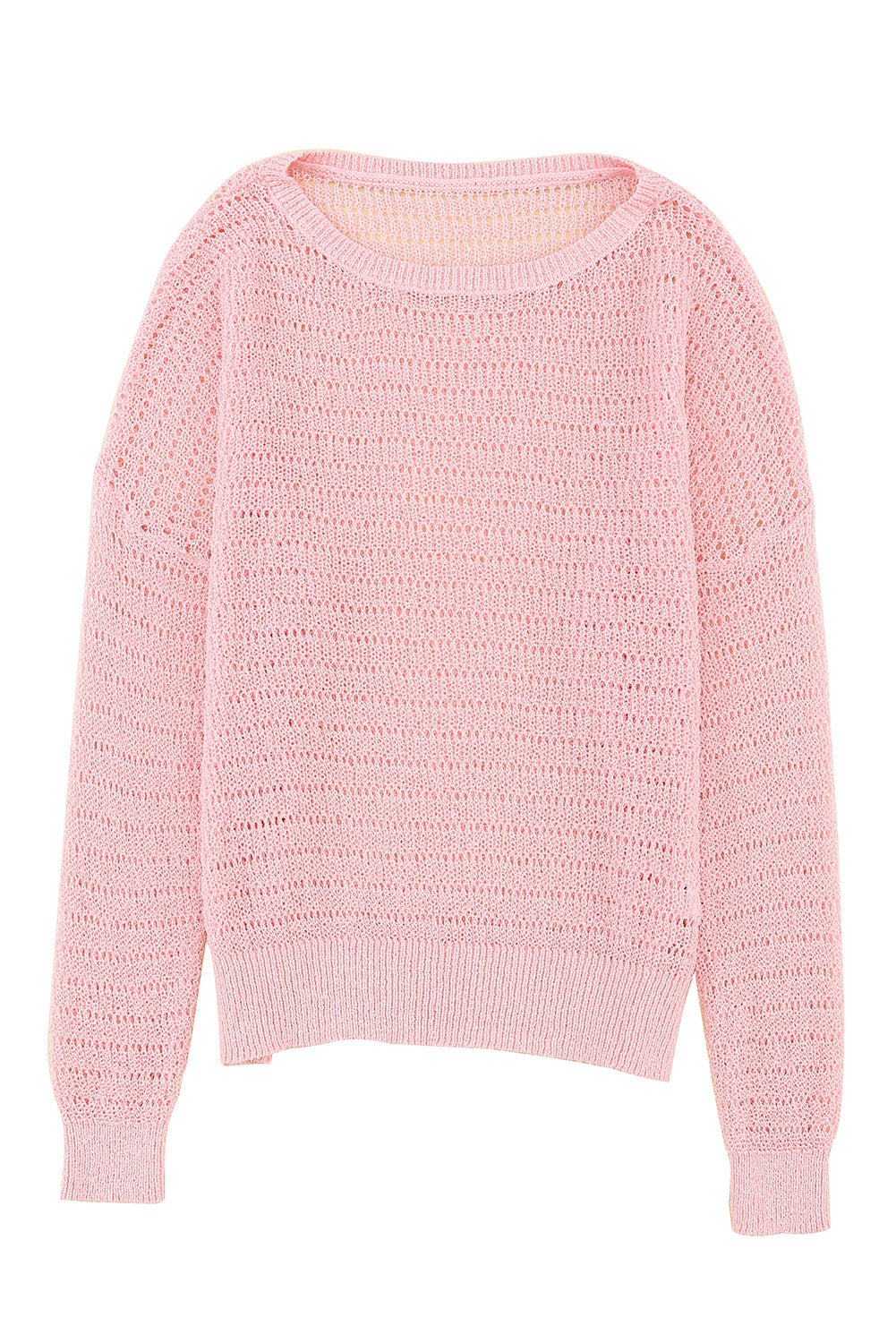 Pink Knitted Eyelets Round Neck Long Sleeve Top