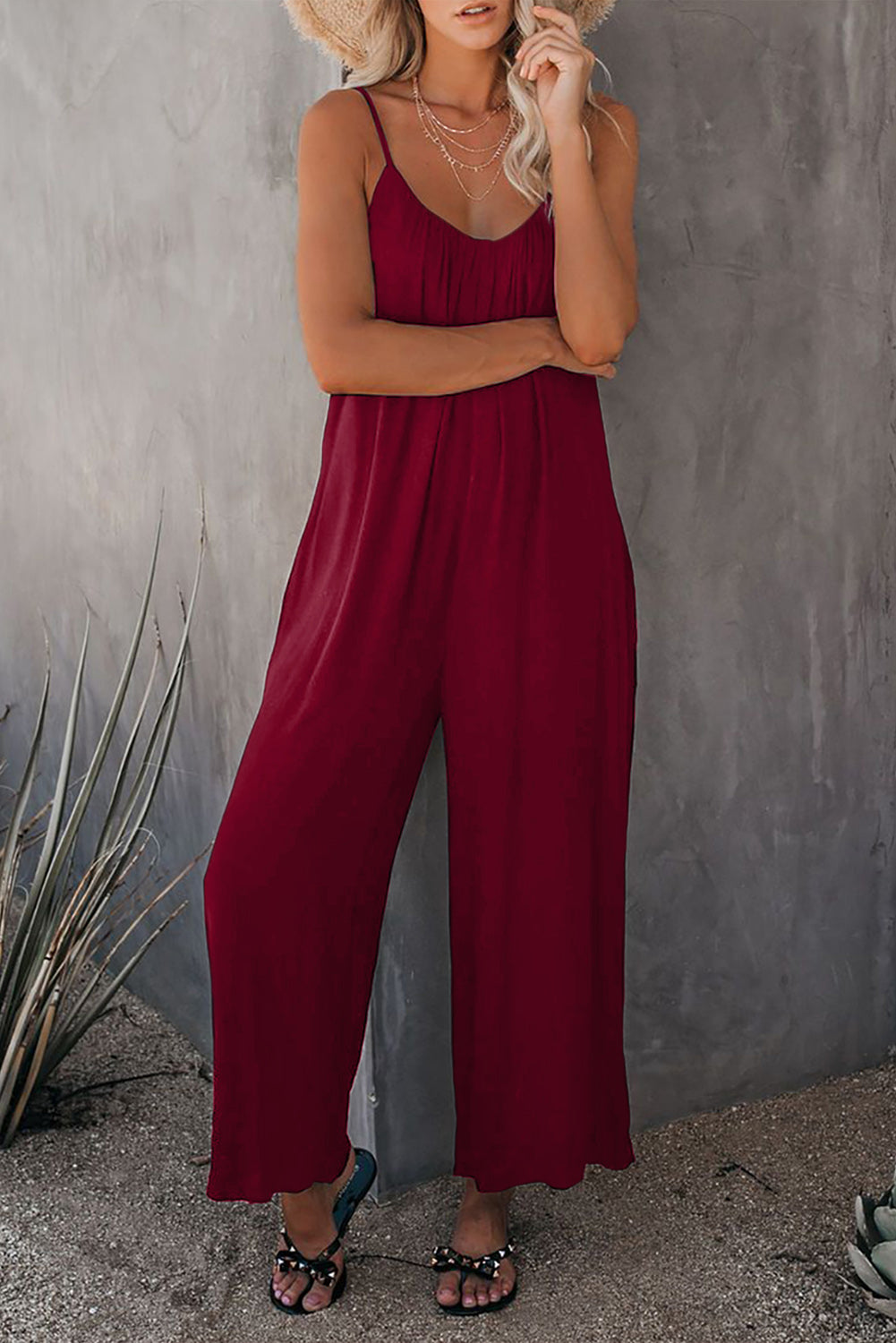 Fiery Red Spaghetti Straps Wide Leg Pocketed Jumpsuits