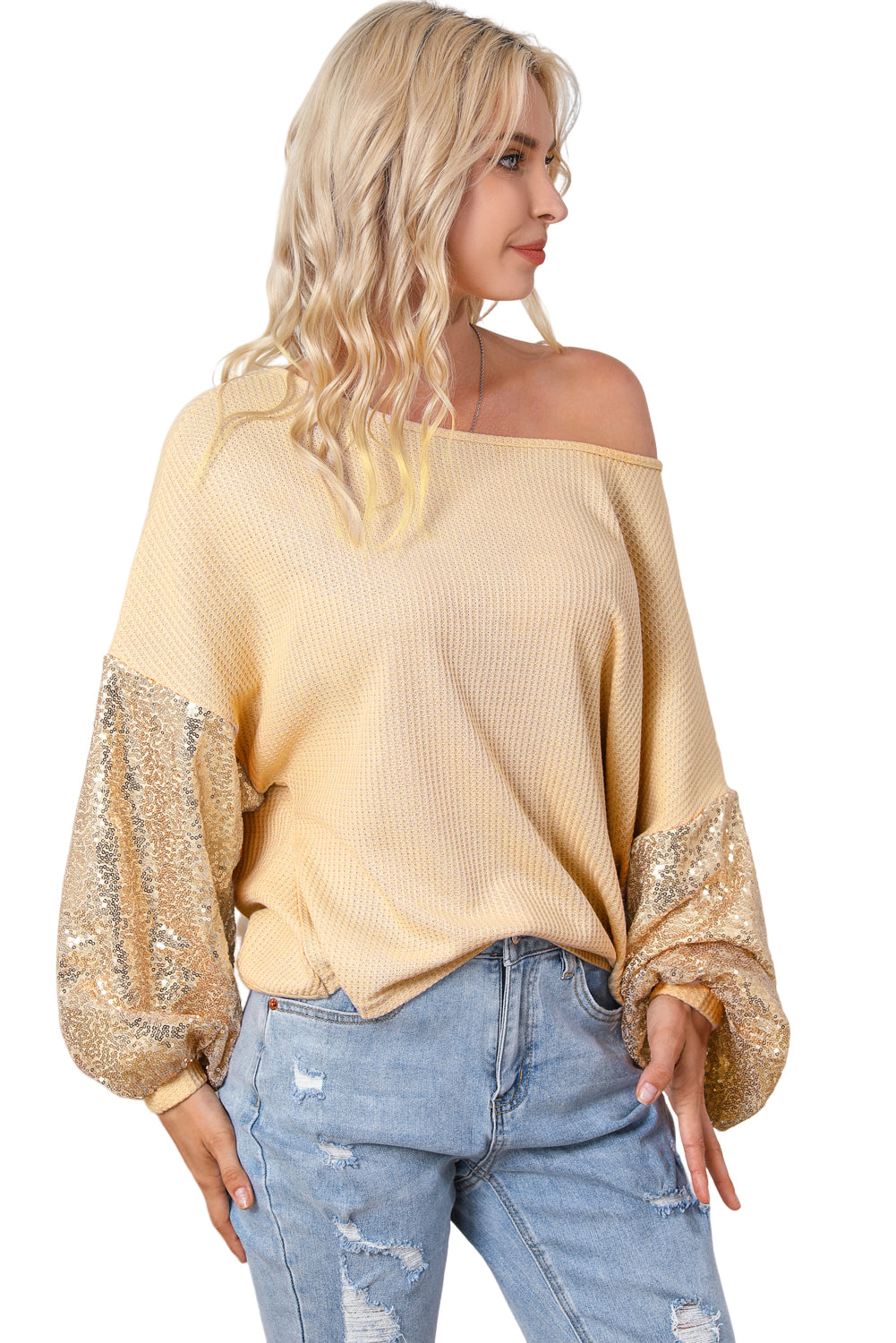 Apricot Sequin Patchwork Sleeve Open Back Waffle Knit Top