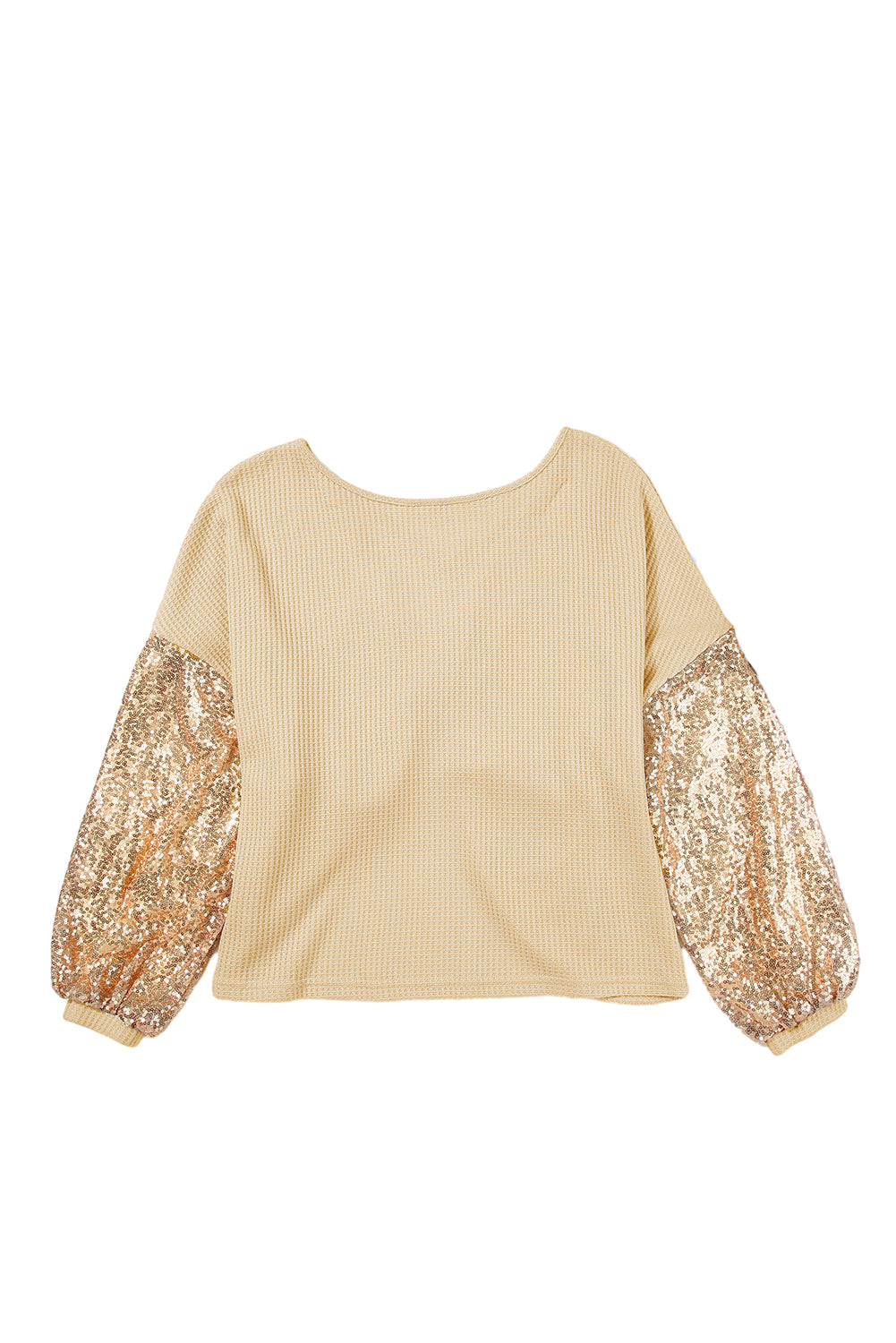 Apricot Sequin Patchwork Sleeve Open Back Waffle Knit Top