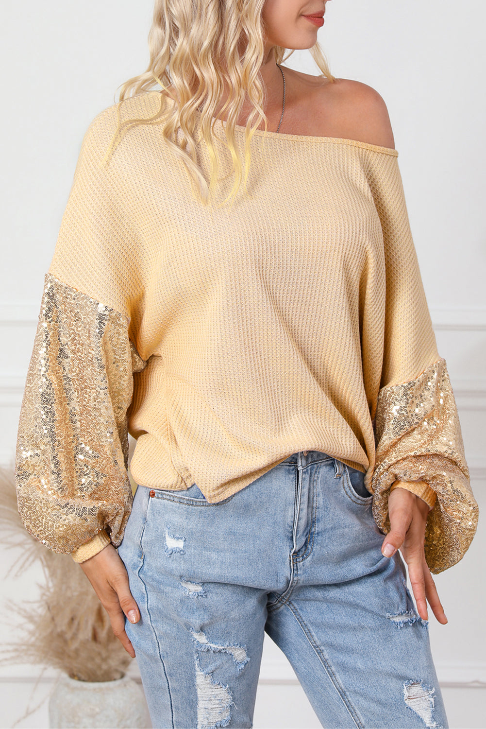 Apricot Sequin Patchwork Sleeve Open Back Waffle Knit Top