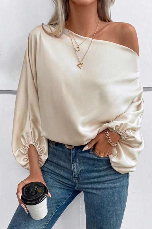 Apricot Asymmetrical Neck Balloon Sleeve Satin Blouse