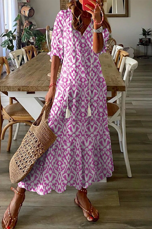 Pink V Neck Casual Geometric Print Maxi Dress